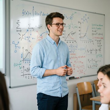 Young male teacher explaining complex math equations on a whiteboard to students