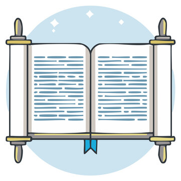 Cartoon illustration of an open Torah scroll with book pages and a blue background
