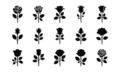 Fototapeta premium Rose vector icon set. black silhouettes of different kinds of roses.