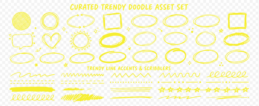 Hand drawn red marker strokes forming circles, underlines, scribble arrows, oval frames and check marks. Rough vector illustration set for emphasizing text, notes and headings