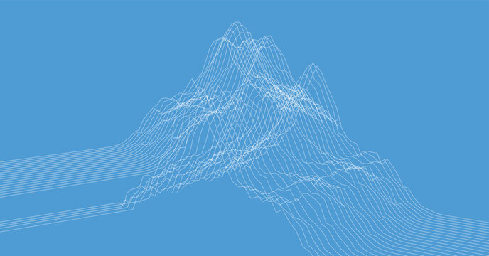Abstract wireframe mountain illustration with white contour lines on blue background for technology presentations