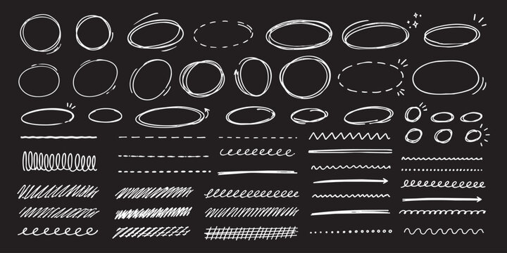 Hand drawn black pen collection showing round circle underline marks with doodle lines and strokes accents forming vector set kit bundle designed to highlight text through scribble oval line style.