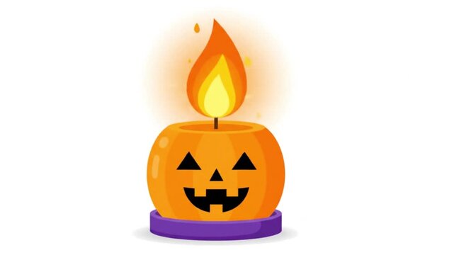 A high-quality 2D vector animation featuring a cute jack-o'-lantern pumpkin candle resting on a purple stand. The animation showcases a dynamic flickering orange flame, soft glowing light effects, and