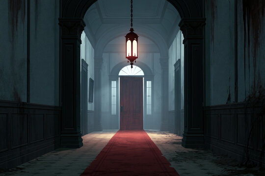 Grand Abandoned Hallway with Red Carpet and Glowing Lantern