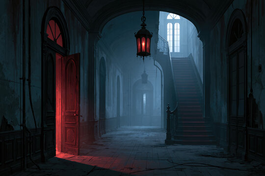 Haunted Mansion Hallway with Red Door and Ominous Staircase