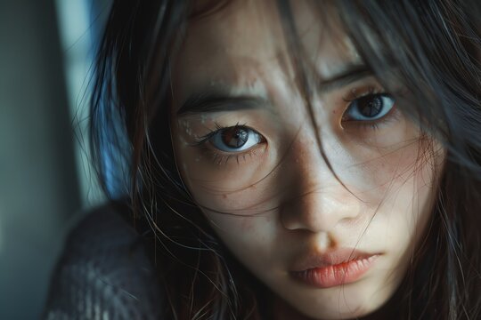 close up asian woman anxious expression soft lighting emotional portrait