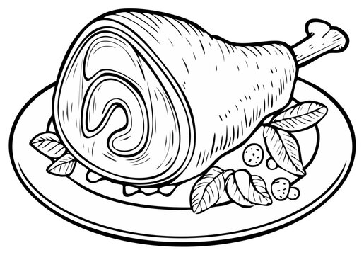 Hand-Drawn Ham Hock on a Plate with Basil Leaves and Garnish Illustration