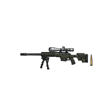 A Detailed Of A Military Sniper Rifle Equipped With A Scope And Bipod Accompanied By A Bullet On A Clean White Background Vector Illustration