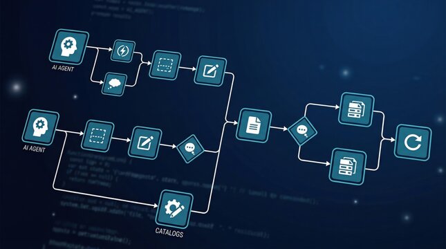 Business Process Automation on Laptop, Software Development and Workflow Visualization, Laptop with Process and Data Flow Graphics