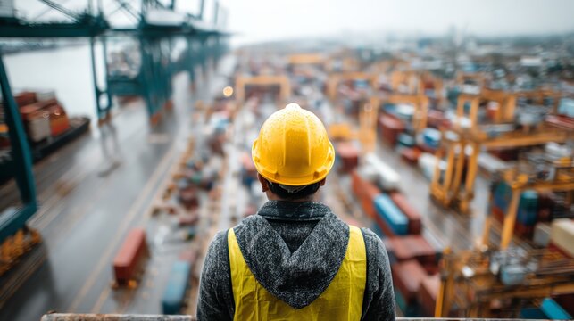 Engineer in yellow helmet standing on center of photo with background of heavy machinery in factory