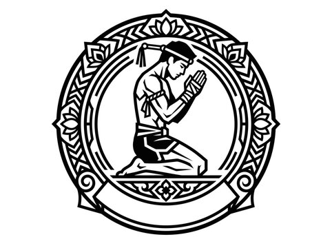 Art Deco Inspired Muay Thai Fighter Graphic Featuring the Traditional Wai Kru Kneeling Ritual in an Ornate Circular Frame, Black and White Vector Illustration