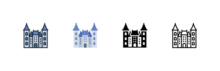 Fototapeta premium French chateau icon. Castle towers building. Landmark architecture and history. Travel culture and heritage.