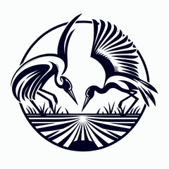Obraz premium Art Deco and Art Nouveau Graphic Illustration of Two Cranes in a Marshland with Radiating Sun Rays, Black and White Circular Logo Design with Ornate Bird Motifs