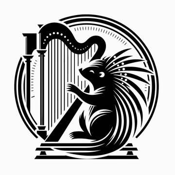 Art Deco and Art Nouveau Style Illustration of a Porcupine Playing a Harp, Elegant Black and White Woodcut Animal Silhouette Emblem for Music and Nature Themes