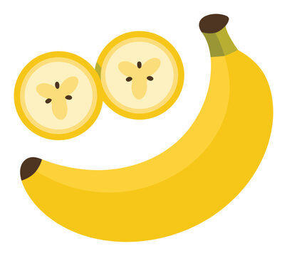 Pl&aacute;tano amarillo fresco con dos rodajas aislado sobre fondo blanco