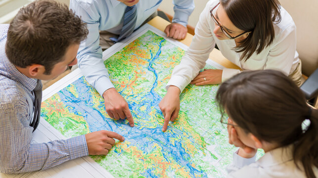 Three adult planners studying generic floodplain map and transparent elevation overlays in meeting room highlighting preventive flood risk planning