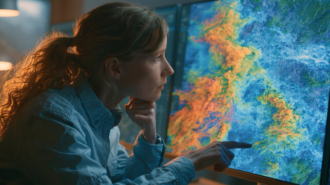 Adult environmental analyst reviewing generic smoke dispersion map highlighting air quality monitoring and climate operations research