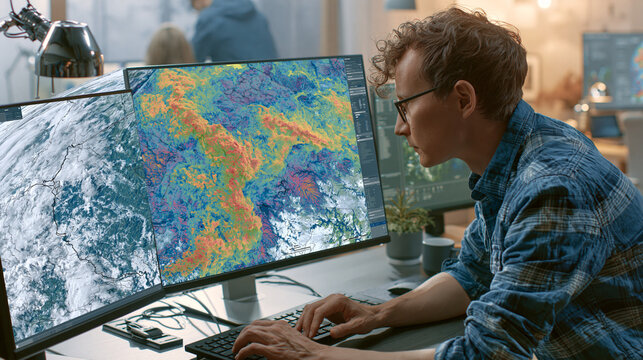 Adult environmental analyst reviewing generic smoke dispersion map highlighting air quality monitoring and climate operations research