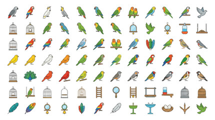 Collection of colorful parrot and bird icons, including cages, feathers, and nests, representing avian life and pet ownership. © Eza