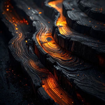 Macro photograph showing charred wood layers, glowing orange embers, heat lines, dark background, 2026 digital asset generation, stock commerce.