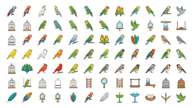 Collection of colorful parrot and bird icons, including cages, feathers, and nests, representing avian life and pet ownership.