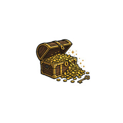 Artistic Illustration Of A Treasure Chest Brimming With Shiny Gold Coins And A Golden Key Beside It With Sparkling Accents On A Clean White Backdrop Vector Illustration © makyas