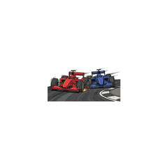 Obraz premium Two Formula One Cars Racing Tightly On A Circuit With Sparks Flying, Depicting High-Speed Competitive Action, Vector Illustration