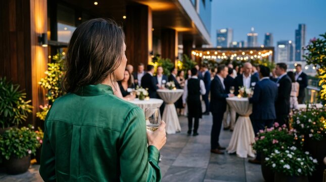 Woman enjoying a cocktail at an elegant rooftop networking event in the city.