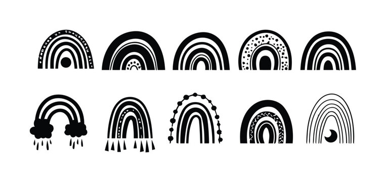 Conjunto de arco&iacute;ris bohemios dibujados a mano en blanco y negro