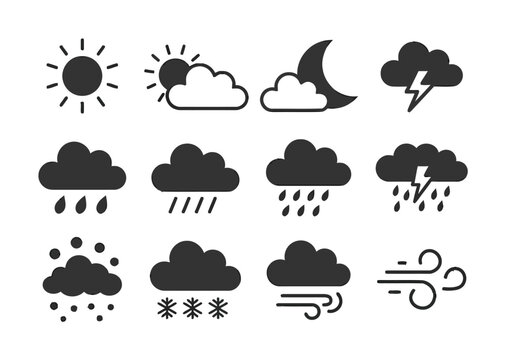 Conjunto de s&iacute;mbolos meteorol&oacute;gicos negros sencillos que representan diversas condiciones
