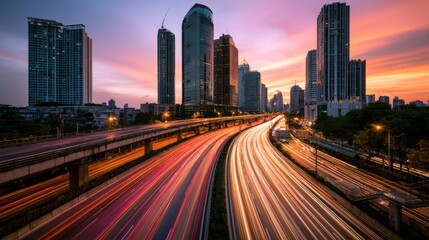 Fototapeta premium Vibrant Cityscape at Dusk with Flowing Traffic and Towering Skyscrapers against a Colorful Sky in an Urban Environment