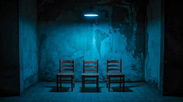 Three empty chairs in dark abandoned room with dramatic lighting