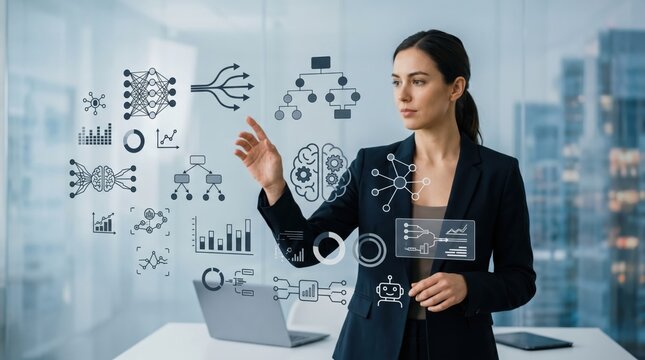 Woman interacting with AI algorithms and flowcharts on hologram, machine learning development, big data analytics, neural network structure, software engineering workflow, IT pr...