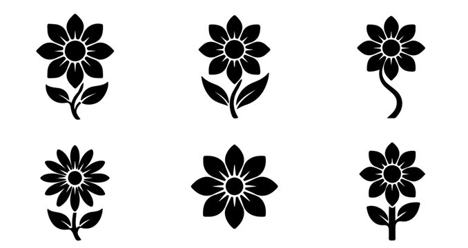 set of black silhouettes of flowers