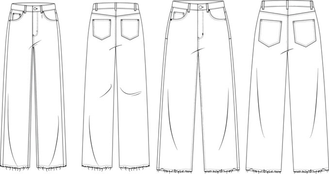 Classic straight leg denim jeans technical sketch featuring pocket placement and raw frayed edge hem for fashion tech pack vector illustration