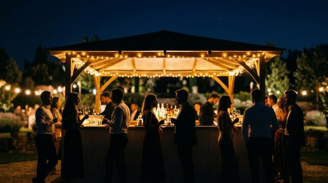 People gathered around an outdoor bar at night under festive string lights.