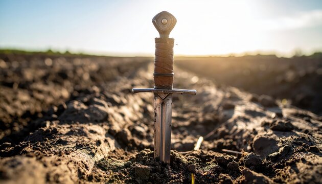 Ancient sword stuck in plowed field at sunset, symbolizing victory, heritage, and farming history