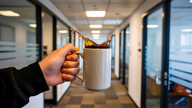 Person holding coffee mug in modern office hallway during work break