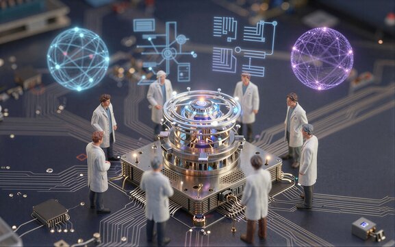 Scientists collaborate on futuristic tech, surrounded by holographic data and circuitry.