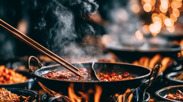 Hot pot cooking with steaming broth and ingredients in a traditional pot surrounded by festive lighting and vibrant food preparation atmosphere