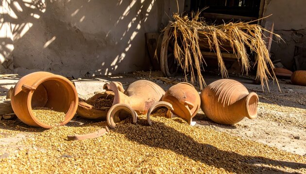 Ancient Terracotta Amphorae and Jars Filled with Grains in the Sunlight, Evoking a Sense of History and Agriculture