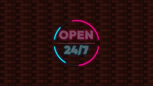Circular Neon Open 24/7 Sign on Brick Wall Background. 4K Video