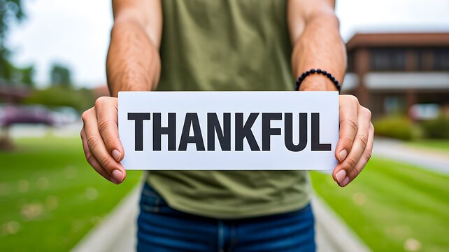 Person holding thankful sign expressing gratitude appreciation and positive mindset