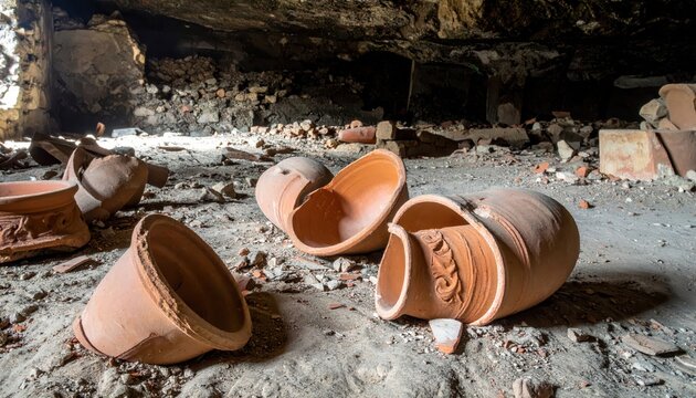 Ancient Terracotta Pots Scattered and Broken in Dusty Archaeological Excavation Site