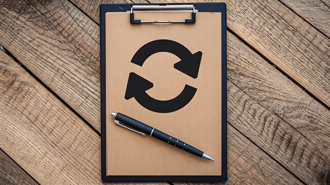Business process refresh concept with clipboard recycle icon and office pen