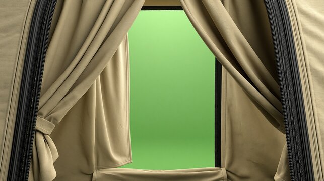 Open zippered suitcase with tied beige fabric curtains pulled apart to reveal solid green chroma key background for travel reveal and presentation concept