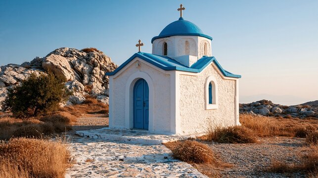 Small traditional white greek orthodox church with blue dome and door built on rocky sunlit hill under clear blue sky showing mediterranean rural architecture