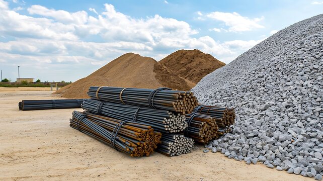 Construction materials with steel reinforcement bars and gravel at industrial site