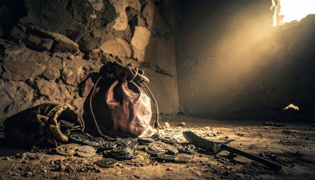 Ancient treasure chest overflowing with gold coins and artifacts in a dark, dusty cave with sunlight streaming through a crack in the wall