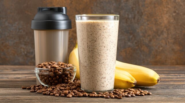 Creamy banana and coffee protein shake in glass with black lid shaker cup surrounded by fresh banana fruit and roasted coffee bean on rustic wooden table